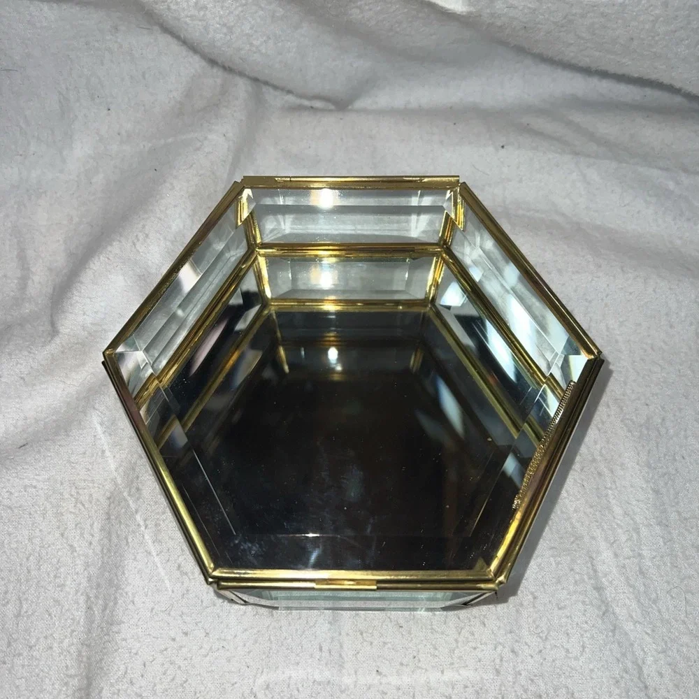 VTG Beveled Glass Mirror Bottom Hinged Display Case Trinket Jewelry Box Curio 7